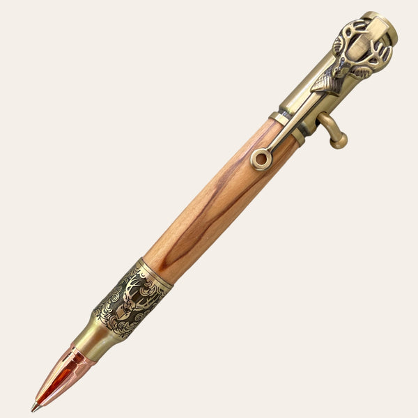 Hand Turned Deer Hunter Bolt Action with Antique Brass-Bethlehem Olive Wood Pens Paul's Hand Turned Creations   